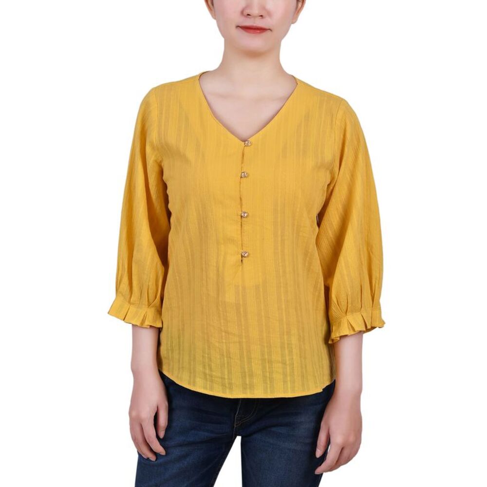 NY Collection Petite Size 3/4 Sleeve Button Placket Jacquard Blouse